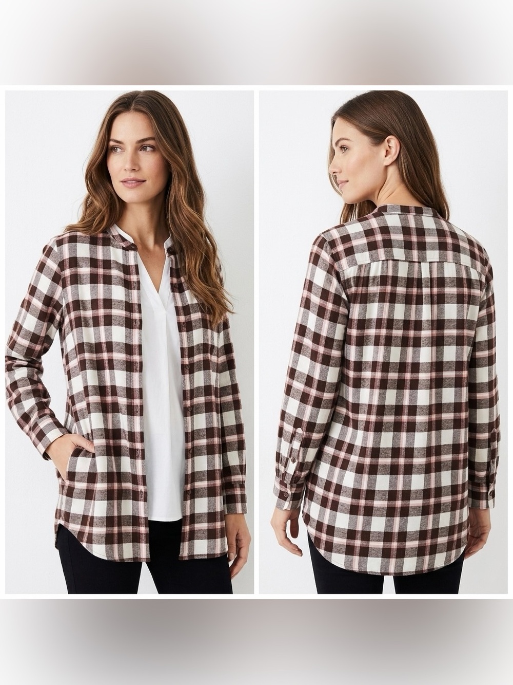 Lands' End Women's Brown and Pink Flannel Tunic Long Sleeve Plaid Top Size L